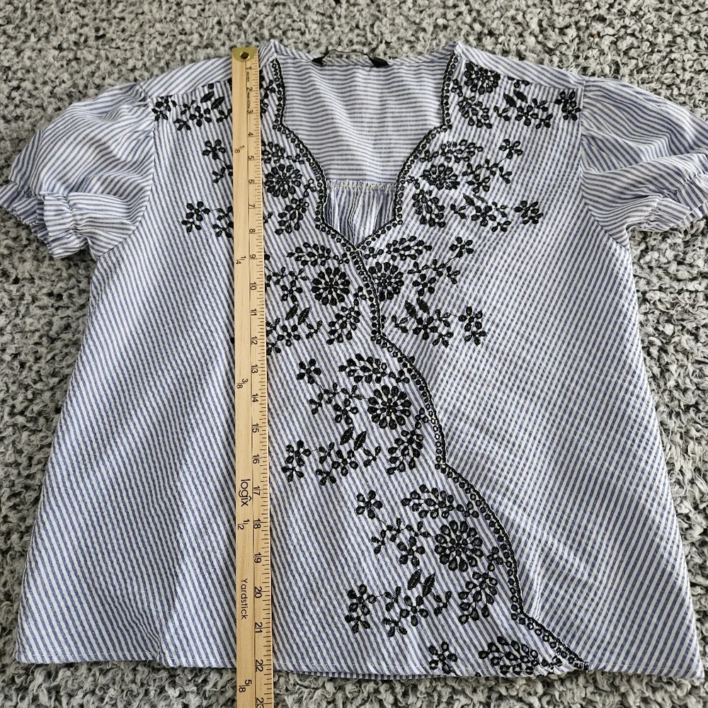 Zara Boho Blue Blouse Small Embroidered Short Puff Sleeves Seersucker Top